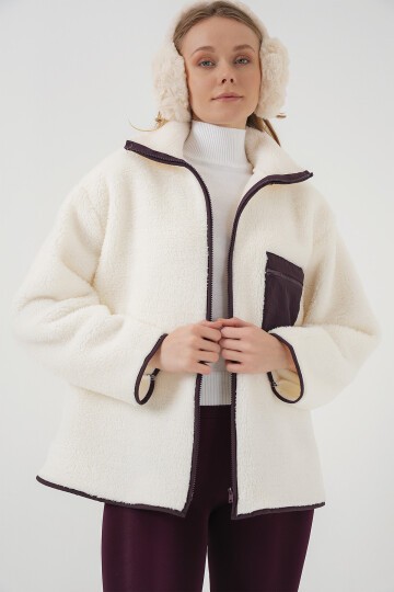 Merterium 55446 Fermuarlı Oversize Peluş Ceket Mont - Mor