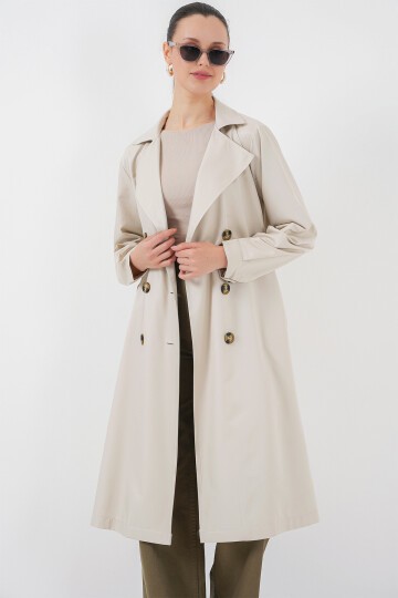 Merterium 5853 Kruvaze Yaka Arkası Baskılı Trençkot - A.Bej