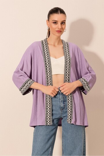 5866 Nakışlı Örme Kimono - Lila