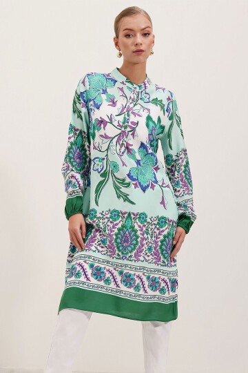 Merterium 5903 Desenli Viskon Elbise - Yeşil