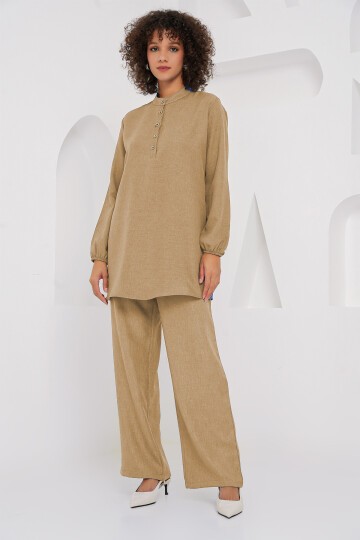Merterium 6678 Keten Tunik Pantolon İkili Takım - Bisküvi