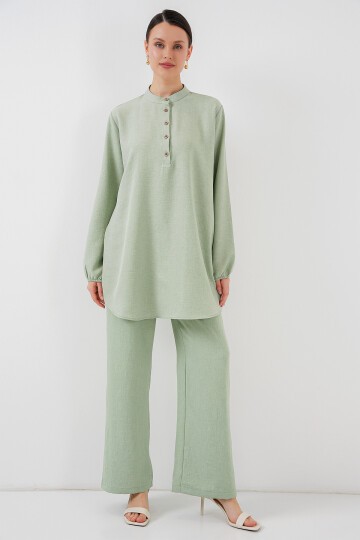 Merterium 6678 Keten Tunik Pantolon İkili Takım - E.Yeşil