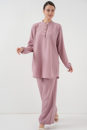 Merterium 6678 Keten Tunik Pantolon İkili Takım - Gül Kurusu