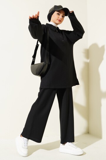 Merterium 6684 Bol Paça Pantolon Tunik İkili Takım - Siyah