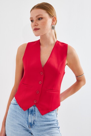 Merterium 6796 Kısa Dokuma Yelek - Kırmızı
