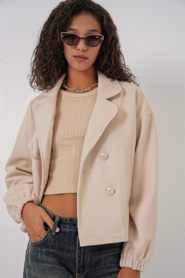 Merterium 9117 Kruvaze Yaka Crop Ceket - Bej