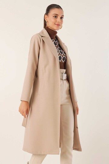 Merterium 9118 Kruvaze Yaka Kaşe Kaban - Bej