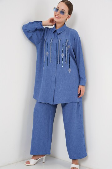 Merterium Desenli Tunik Pantolon İkili Takım 6720 - İndigo