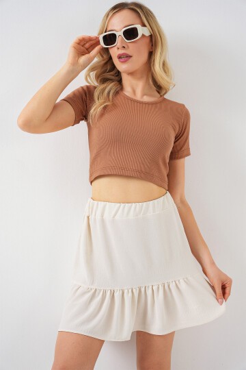 Merterium Kadın Ayrobin Mini Etek 8054 - Ekru