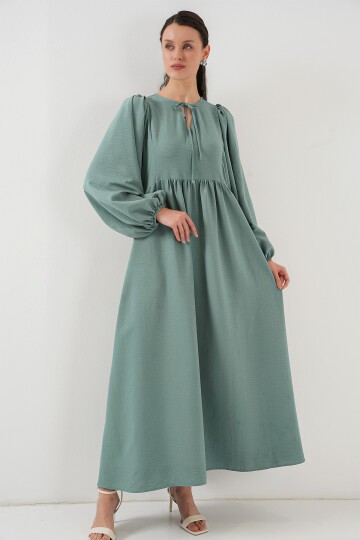 Merterium Kadın Balon Kol Uzun Tesettür Elbise 2464 - Çağla