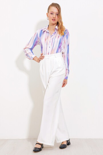 Merterium Kadın Beyaz Bol Paça Kumaş Pantolon 6647