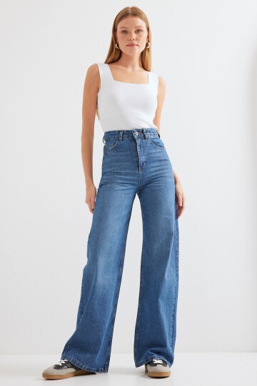 Merterium Kadın Bol Paça Yüksek Bel Palazzo Kot Pantolon 6656 - Lacivert