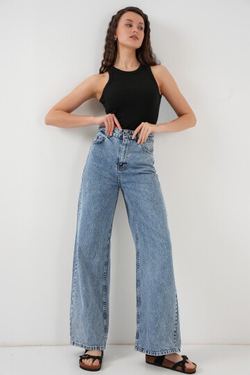 Merterium Kadın Bol Paça Yüksek Bel Palazzo Kot Pantolon 6656 - Mavi