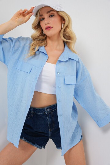 Merterium Kadın Cep Detaylı Kısa Kol Gömlek 20317 - Mavi