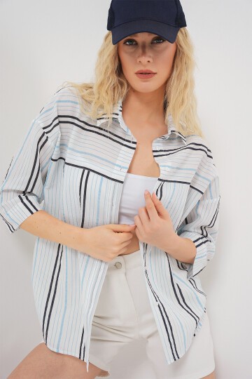 Kadın Çizgili Kısa Kol Gömlek 20344 - Açık Mavi