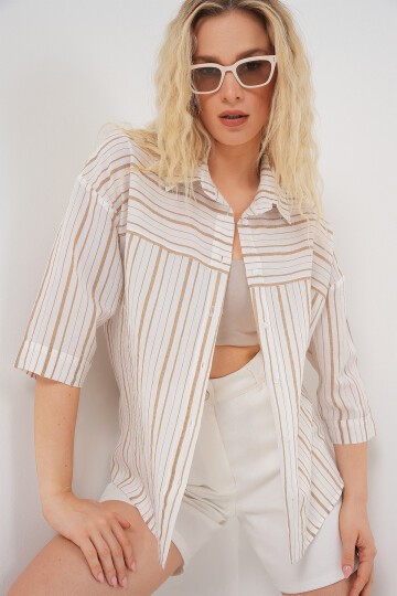 Kadın Çizgili Kısa Kol Gömlek 20344 - Krem