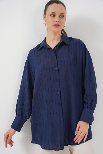 Merterium Kadın Çizgili Uzun Gömlek Tunik 5963 - Lacivert