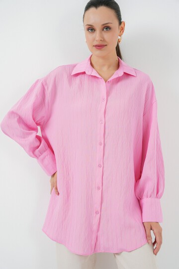 Merterium Kadın Çizgili Uzun Gömlek Tunik 5963 - Pembe