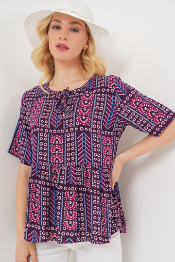 Kadın Desenli Kısa Kol Bluz 969 - Bordo