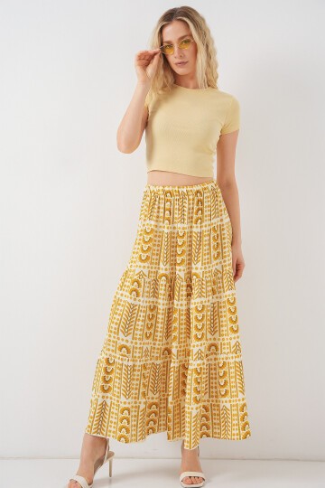 Kadın Desenli Uzun Etek 8053 - Sarı