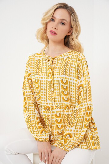 Kadın Desenli Uzun Kol Bluz 970 - Sarı