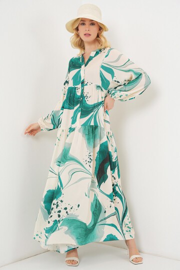 Kadın Desenli Uzun Tesettür Elbise 2585 - Zümrüt Yeşili