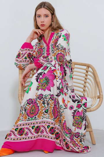 Merterium Kadın Fuşya Krem Desenli Viskon Tesettür Elbise 2423