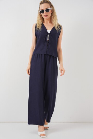 Kadın Keten Görünümlü Sıfır Kol İkili Takım 6746 - Lacivert