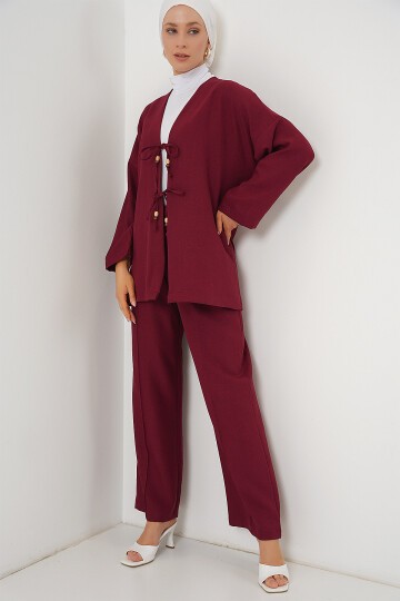 Merterium Kadın Keten Kimono Pantolon İkili Takım 1003 - Bordo
