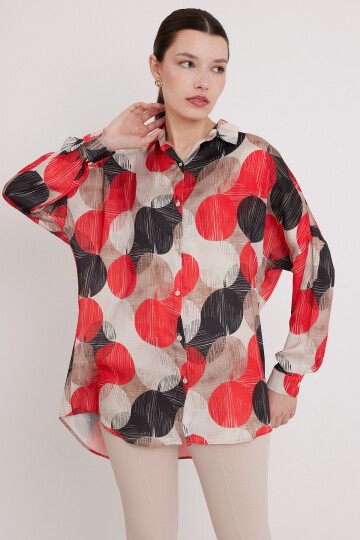 Merterium Kadın Kırmızı Siyah Desenli Oversize Saten Gömlek 3985