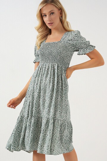 Merterium Kadın Kısa Kol Çiçekli Elbise 2556 - Mint