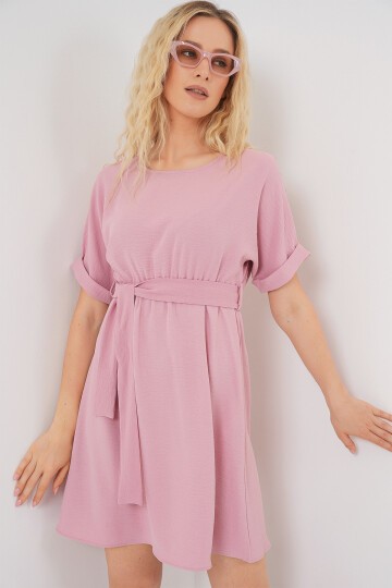 Kadın Kısa Kol Mini Ayrobin Elbise 2572 - Pudra