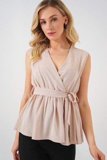 Merterium Kadın Kruvaze Yaka Kolsuz Bluz 966 - Krem