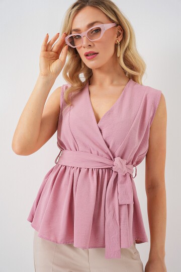 Merterium Kadın Kruvaze Yaka Kolsuz Bluz 966 - Pudra