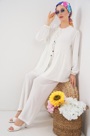 Kadın Önü Bağcıklı Tunik Pantolon İkili Takım 6744 - Beyaz