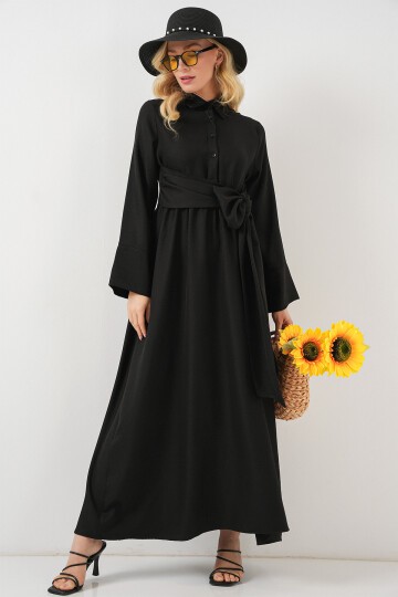Kadın Önü Bağlamalı Keten Elbise 2574 - Siyah