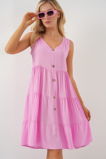 Merterium Kadın Sıfır Kol Düğmeli Kısa Elbise 2571 - Pembe