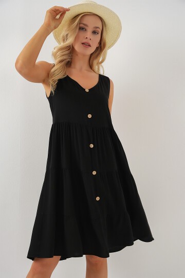 Merterium Kadın Sıfır Kol Düğmeli Kısa Elbise 2571 - Siyah