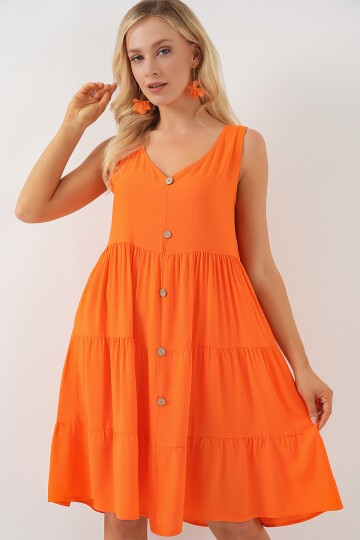 Merterium Kadın Sıfır Kol Düğmeli Kısa Elbise 2571 - Turuncu