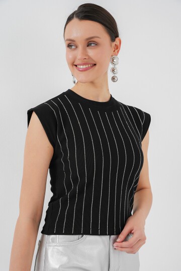 Merterium Kadın Sıfır Kol Taşlı Bluz 931 - Siyah