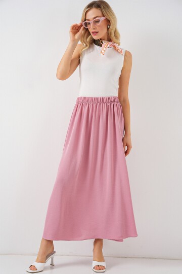 Merterium Kadın Uzun Ayrobin Etek 8050 - Pudra