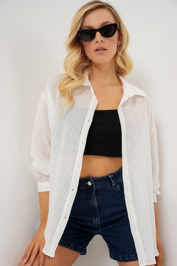 Merterium Kadın Uzun Oversize Gömlek 20320 - Beyaz