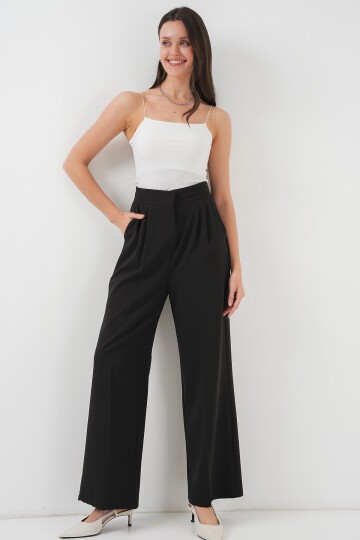 Merterium Kadın Yüksek Bel Bol Kumaş Pantolon 6697 - Siyah