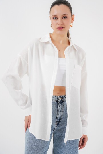 Tek Cepli Oversize Keten Gömlek - Beyaz