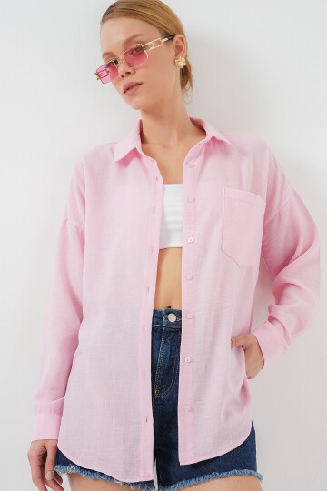 Tek Cepli Oversize Keten Gömlek - Pembe