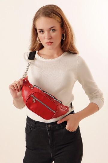 01077 Çift Gözlü Bel Çanta - Kırmızı