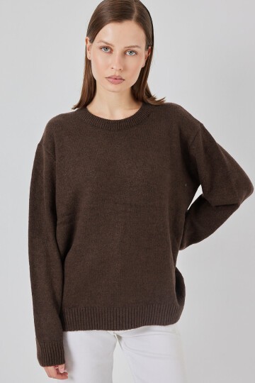 15895 Baklava Desenli Oversize Triko Kazak - C. Kahverengi