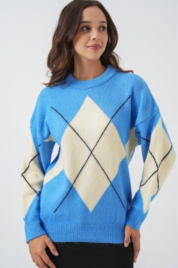 15895 Baklava Desenli Oversize Triko Kazak - Mavi