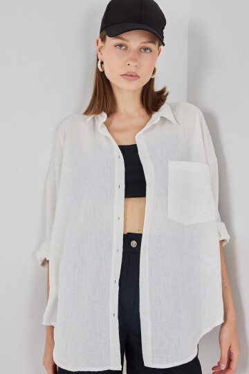 20153 Tek Cepli Oversize Keten Gömlek - Ekru