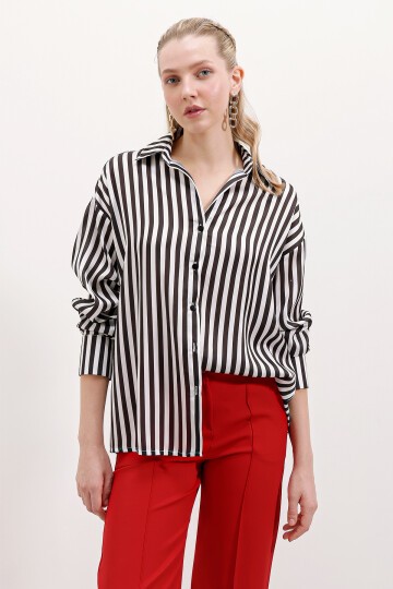 20242 Çizgili Oversize Gömlek - Siyah
